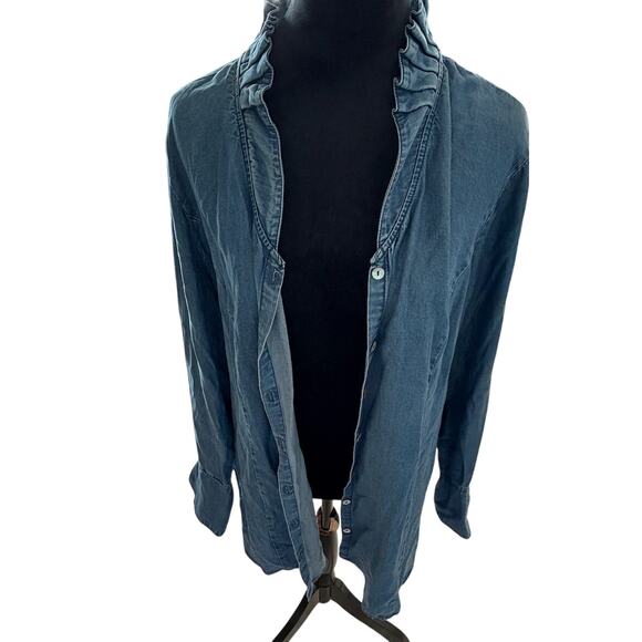 Soft Surroundings Ruffle Collar Chambray Blouse Size XL Button Down Top - Picture 2 of 6